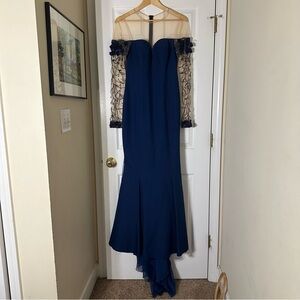 Tarik Ediz Navy Blue Gown with Sheer Lace Sleeves